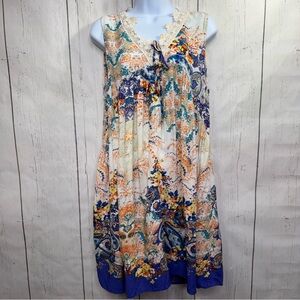 Umgee Boho Paisley Mini Dress Crochet Trim Blue Hem L Cottagecore Artsy Festival